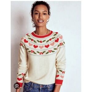 Boden Edie Fair Isle Sweater Hearts Wool Holly Cream Large
